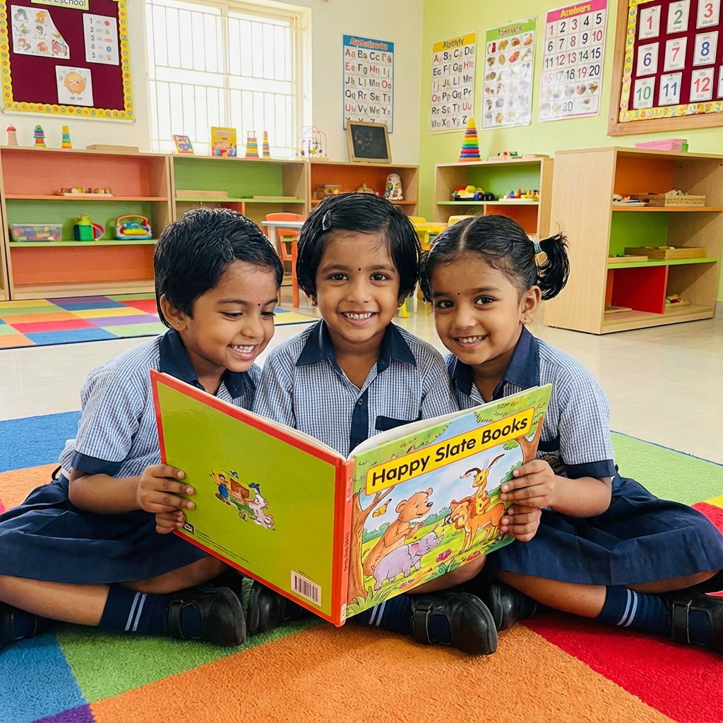 Happy kids learning in classroom with Happy Slate Books